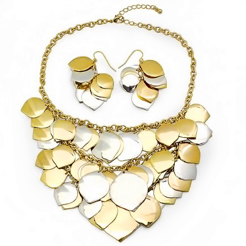 Classy Cascade Multi Strand Leaf Shape Two Tone Gold & Silver Plated Designer Inspired Bib Statement Necklace Drop Earring Set