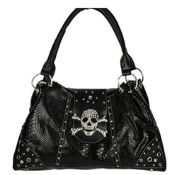 Rockabilly Skull Buckle with Metal Studs Black Snakeskin Purse Handbag
