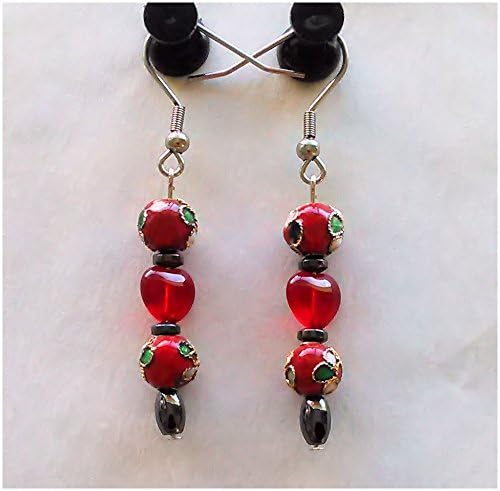 Red Heart Earrings with Hematite and Cloisonne Beads