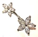Pierced & Modified  Body Jewellery Navel Bars  Double Flower Crystal Belly Bar  White