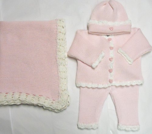 Ck1.014, Knitted on Hand Knitting Machine Finished By Hand Crochet Light Pink Cotton White Chenille Trim Girls Cardigan Hat Set with Matching Blanket for Ages 0-6 Months
