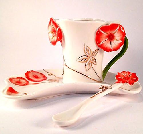 Red Poppies Delicate Tea Coffee Cup Set with Saucer Spoon Gift