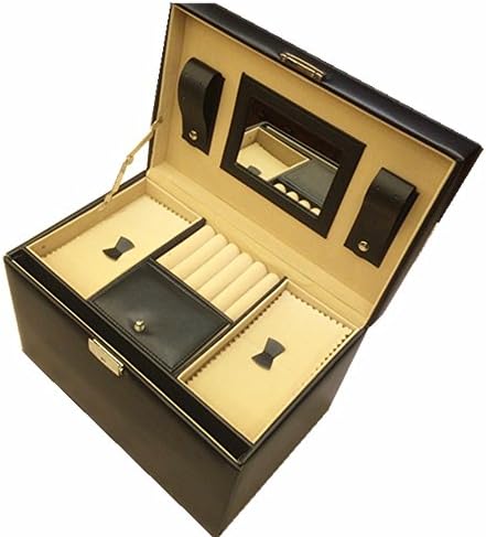 Wako Black Leather Jewelry Box Travel Case and Lock with mirror