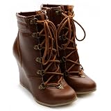 Ollio Women's Winter Lace Ups Wedge High Heels Military Ankle Boots Multi-Color
