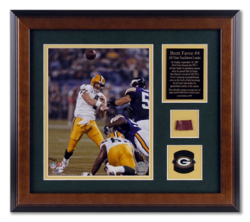 Brett Favre Green Bay Packers - Touchdown Record - Framed 8x10 Photograph with Game Used Football Piece, Team Medallion and Descriptive Plate