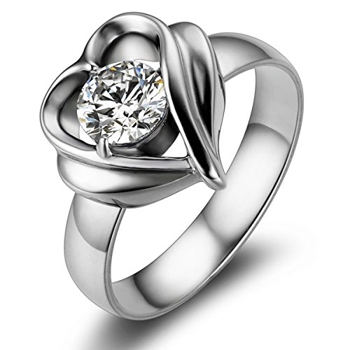 Flongo Stainless Steel Ring Women Sparkling Heart Shape Knot Friendship Love Promise Proposal Wedding Band, 6-7 Size Available
