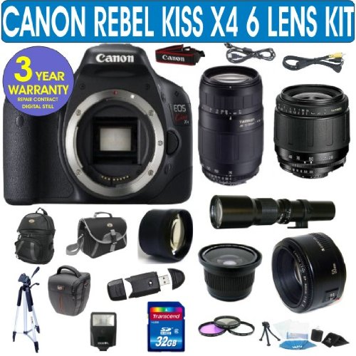 Cheap Canon Rebel KISS X4 + Tamron 28-80mm Lens + Tamron 75-300mm Lens + 500mm Preset Lens + Canon 50mm Lens + .40x Fisheye Lens + 2x Telephoto Lens + 3 Year Celltime Warranty Repair Contract