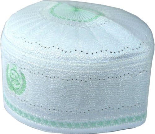 Muslim Prayer Namaz Cap - Topi Kufi Prayer Mens Skull Islamic Hat - White/Light Green