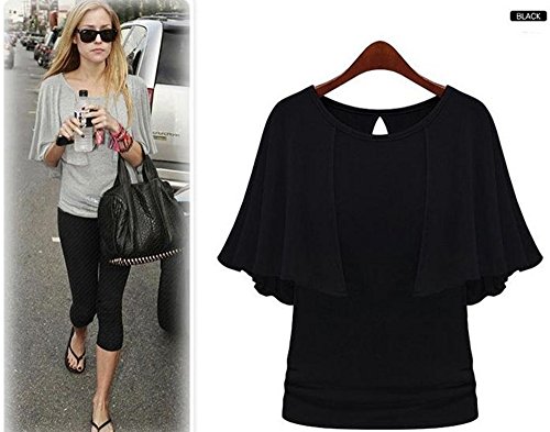 カットソー Tシャツ ティーシャツ 大きい サイズ 有 ドレープ 袖 トップス 半袖 ラウンド ネック シンプル セレカジ フリル 黒 (オリジナル・ブレスレットとサシェセット)