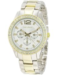 Womens Two Tone Bracelet Watch Large Face Rhinetone Accented Bezel Jade LeBaum - JB202736G