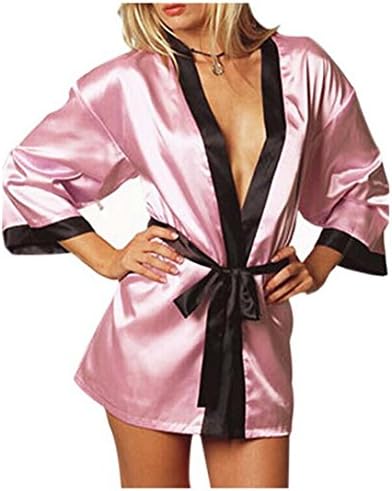 Sexy Silk Lace Lingerie Robe Sleepwear Lady Nightdress Costume Pajamas-03 (Black & Pink)
