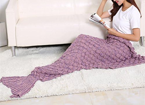 4Chiclife Knitted Mermaid Blanket Fish Tail Blanket Crochet with Scales Pattern Adult Pale Pinkish Gray 76"x37"