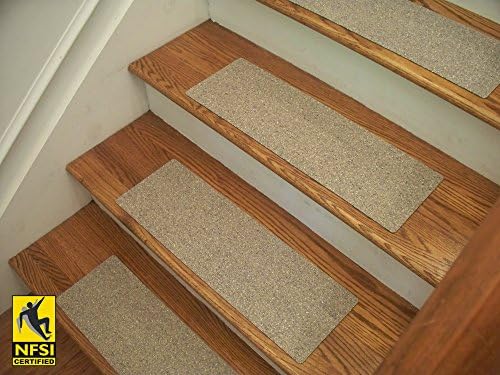 Essential Vinyl Stair Treads - NFSI Certified High Traction Surface (Slip Resistant), Peel and Stick - An alternative to carpet stair treads - Many color options! (4, Greige (510))
