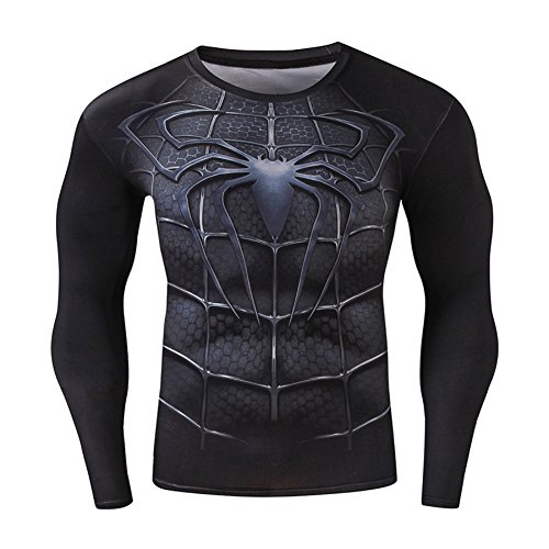 Men's Compression Long Sleeve Running Fitness Workout Base Layer Shirt (M, SpiderBlack)