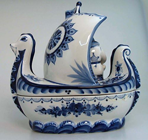 Gzhel: Sadko Box Figurine Hand Crafted Pottery Inspired Porcelain, Handpainted Blue and White Decor, Limited Authentic Eastern European Tableware