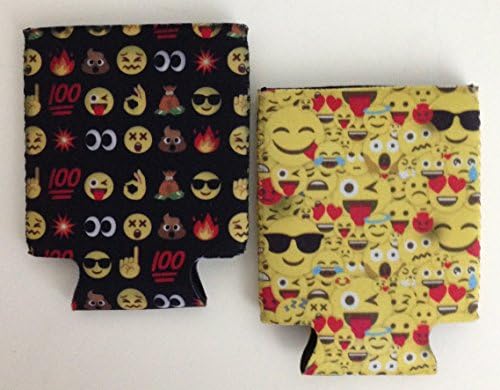 Emoji Koozie Can Insulator/Coozie 2 pack bundle - Yellow Multi-face Emojis/Black Red 100, Poop, Hand and Face Emojis