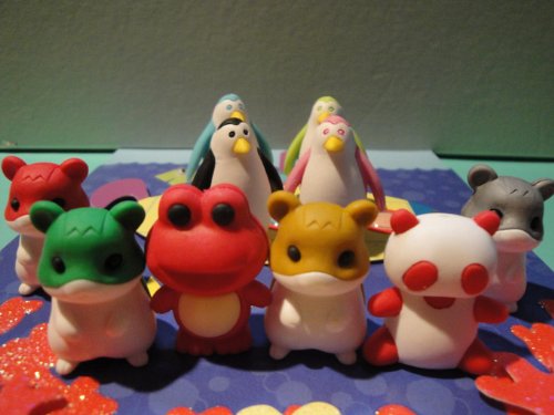 Deluxe Set of Japanese Iwako Puzzle Erasers: 4 Colorful Artic Penguins, 4 Special Colors Hamsters (St Patrick's Day Clover Green, Valentine Red, California Golden Sand, Medium Charcoal Grey (Very Unique) , 1 Lucky Chinese New Year Kung Hei Fat Choy (I.e. Happy New Year in Chinese) Red Panda, 1 Valentine Red Prince Love Frog.