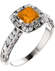 14K White Gold 5.00x5.00mm Princess Cut Spessartite Garnet and Diamond Ring -- LIFETIME WARRANTY