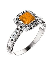 Platinum 5.00x5.00mm Princess Cut Spessartite Garnet and Diamond Ring -- LIFETIME WARRANTY