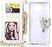Note 5 Case, Welity White Color Camellia Bling Rhinestone Soft Leather Grid Crystal Wristlet Chain Pu Leather Wallet Protector Phone Case Compatible with for Samsung Galaxy Note 5