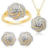Jewelili 18k Gold Plated Flower Ring, Pendant, and Earrings Box Set with Diamond in Sterling Silver (1/10 cttw, IJ Color, I3 Clarity), Sz 7