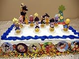 Exclusive, Unique Dragon Ball Z 19 Piece Birthday Cake Topper Featuring 10 Different Characters From The Dragon Ball Z World Sitting On Dragon Balls, 1 Large 4-5 Dragon Ball Z Play Figure, 6 Medium Size Dragon Ball Z Buttons, And Party Hat