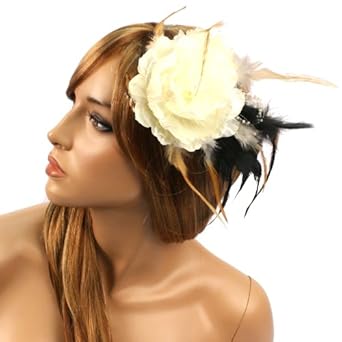 Multi Feathers Rose Pearl Hat Fascinator Clip Head Piece Cocktail Brooch Ivory