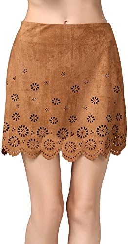 Searia Women Flower Cut Out A Line Faux Suede Mini Short Pencil Bodycon Skirt Khaki S