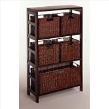 Winsome Wood Leo Wood 4 Tier Shelf with 5 Rattan Baskets - 1 large; 4 small in Espresso Finish