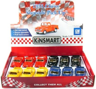 12 pcs in Box: 5" 1955 Chevy Stepside Pickup 1:32 Scale (Black/Blue/Red/Yellow)