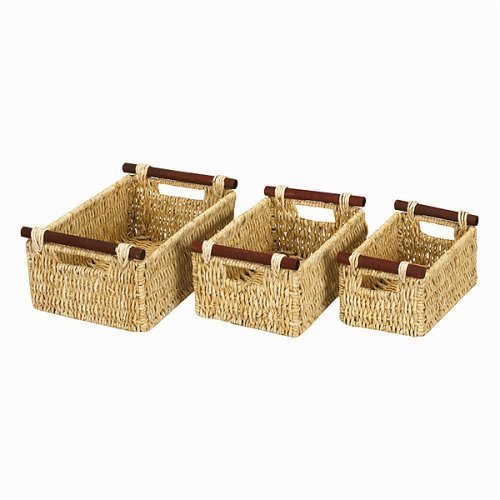 Whitney Design ML-6012 Woven-Maize Rectangular-Shaped Baskets with Wood Handles, Set of 3