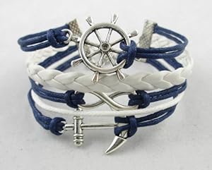 MBOX Blue Rudder Anchor Leather Rope Bracelet Nautical Vintage Silver Infinite Style