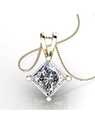 14KT Yellow Gold 4 Prong 1 1/2ctw Princess Cut Diamond Solitaire Pendant on 18 Cable Chain through V shaped bail 1 1/2 CTW