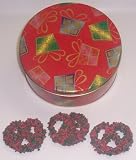 Scott's Cakes 1 lb. Dark Chocolate Covered Pretzel with Christmas Jimmies & Chocolate Chips in a Christmas Present Tin