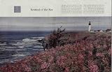 The Face of America: Sentinel of the Sea. Purple Lupines bobble nonchalantly above the ragged cliffs of the Oregon coast, where the Yaquina Head lighthouse has stood since 1873. The light station was intended for a location ten miles north, in order to replace another lighthouse which had been built by mistake at the entrance to Yaquina Bay, three miles south. But despite its inconstant origin, this Coast Guard sentinel has proved a faithful friend in fair weather and foul to the ships and fishing boats under its vigil. Photograph by Chuck Abbott. ..... 1957 Saturday Evening Post Picture, A5200A.