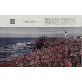 The Face of America: Sentinel of the Sea. Purple Lupines bobble nonchalantly above the ragged cliffs of the Oregon coast, where the Yaquina Head lighthouse has stood since 1873. The light station was intended for a location ten miles north, in order to replace another lighthouse which had been built by mistake at the entrance to Yaquina Bay, three miles south. But despite its inconstant origin, this Coast Guard sentinel has proved a faithful friend in fair weather and foul to the ships and fishing boats under its vigil. Photograph by Chuck Abbott. ..... 1957 Saturday Evening Post Picture, A5200A.