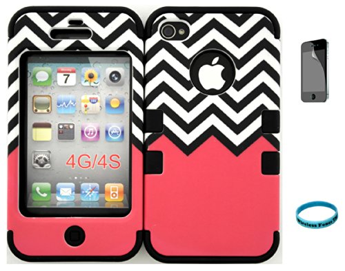For Apple iPhone 4/4s Coral Block Chevron Waves Pattern Matte Finish Snap on + Black Silicone Hybrid Case Cover with Screen Protector and Wristband Exclusively By Wirelessfones TM