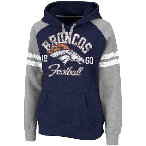 NFL Women's Denver Broncos Long Sleeve Raglan Pullover Fleece Heather Hood (Navy/Gray, Medium)