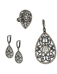 BRI Jewelry Sterling Silver Teardrop Shape Vine Design W/ Coffee And 2 Clear Cubic Zirconia Set - Pendant - Dangle Earring - Ring Size 6
