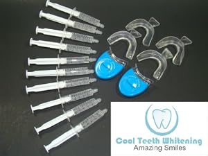 Cool Teeth Whitening Brand At Home Professional Teeth Whitening Kit 44% Carbamide Peroxide with 10 Large Syringes of Made in USA Gel 10 Pcs. 5cc Syringes, 4 Pcs. Thermoform Trays + 2 Pcs. Bonus White LED Light + Free Shade Guides + Instructions