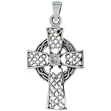 Sterling Silver Celtic High Cross Pendant w/ Single Clear CZ, w/ 18" Thin Box Chain