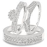 1 Carat T.W. Round Cut Diamond Three Ring Matching Wedding Ring Set 14K White Gold Three Ring - Ladies Engagement Ring, Wedding Band & Mens Wedding Band - Free Gift Box -