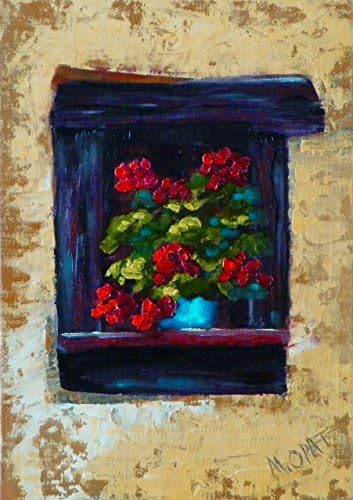 Window with Geraniums, 5" x 7" Framed Original Oil Painting