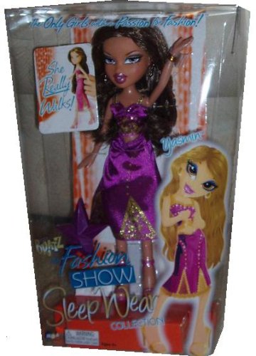 Bratz Fashion Show Sleep Wear Collection : Yasmin in good night glamour purple with gold trim gown she really walks