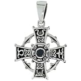 Sterling Silver Celtic Cross Pendant w/ Single Black CZ, w/ 18" Thin Box Chain