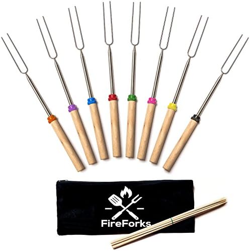 FireForks Marshmallow Roasting Sticks and Hot Dog Roasting Forks, Set of 8 Colour Coded Telescoping 32 Inch Forks, Smores sticks, Free Canvas Pouch and S'mores Instruction Guide.