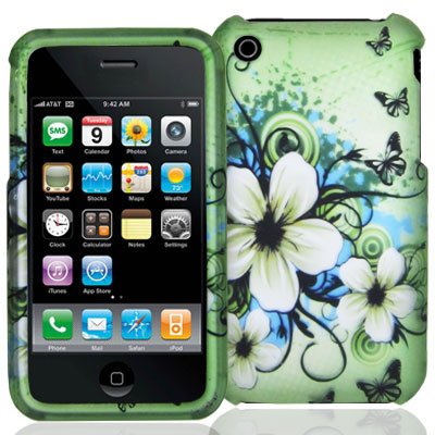 Apple iPhone 3g 3gs Apple Green Butterfly Flower Premium Design Snap-On Premium Phone Protector Hard Cover Case - Wireless Phone Accessory