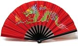 Chinese Nylon-Cloth Dragon Fan in Brilliant Red or Black