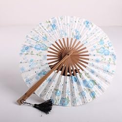 Round Folding Fan, Cloth Hand Fan - Blue Flower Printed, Gift Idea
