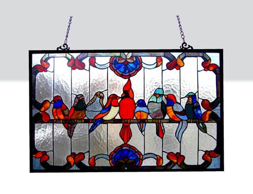 Tiffany Style Family Birds Design Glass Window Panel 32x20